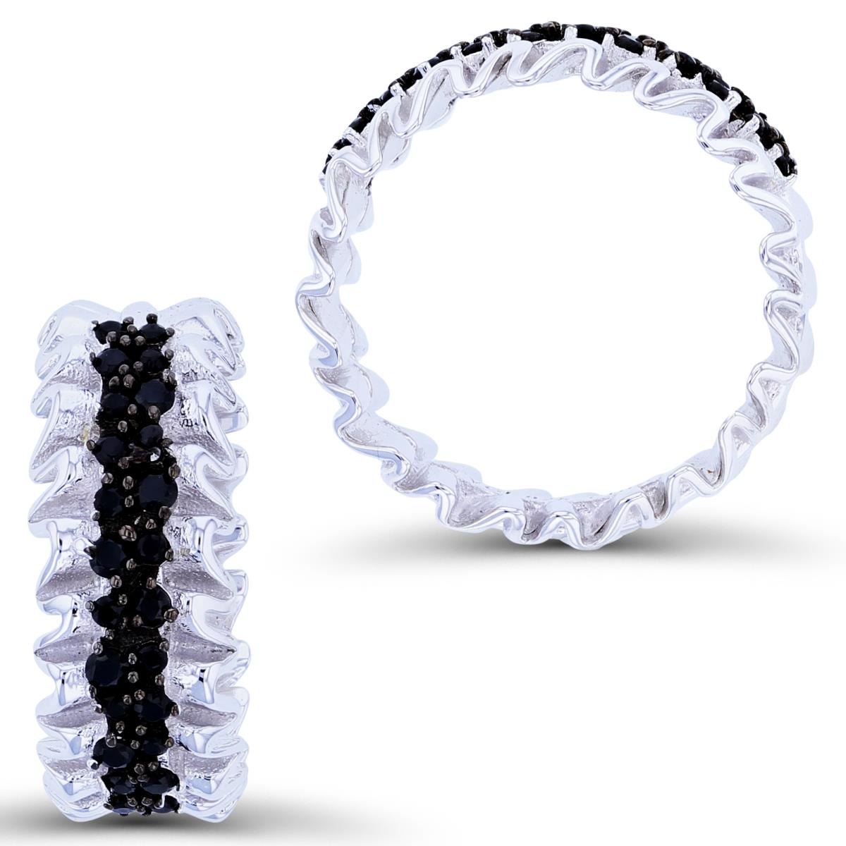 Sterling Silver Two-Tone Rnd Black Spinel Row Center & Alternate Polish/Satin on Waved Sides Band