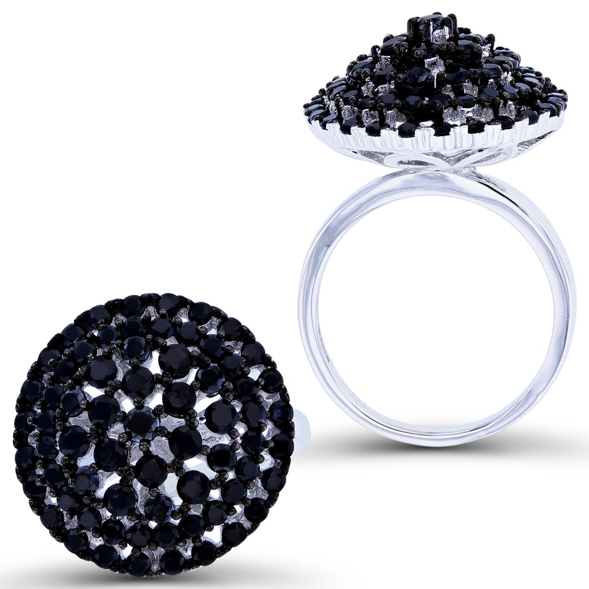 Sterling Silver Two-Tone Rnd Black Spinel Multirow Single Set Dome Round Fashion Ring
