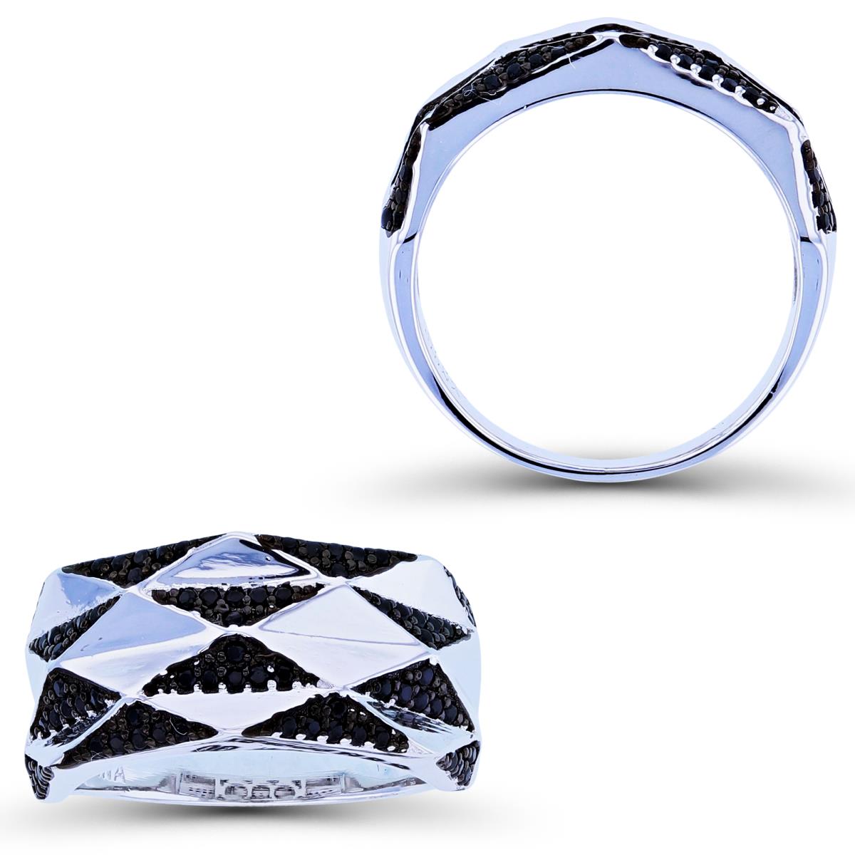 Sterling Silver Two-Tone Alternate High Polish & Rnd Black Spinel Rhombs Ornament Dome Band 