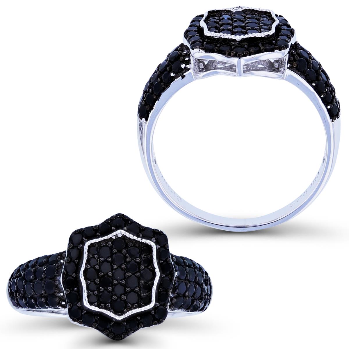 Sterling Silver Two-Tone Rnd Black Spinel Micropave Milgrain Hexagon Ring