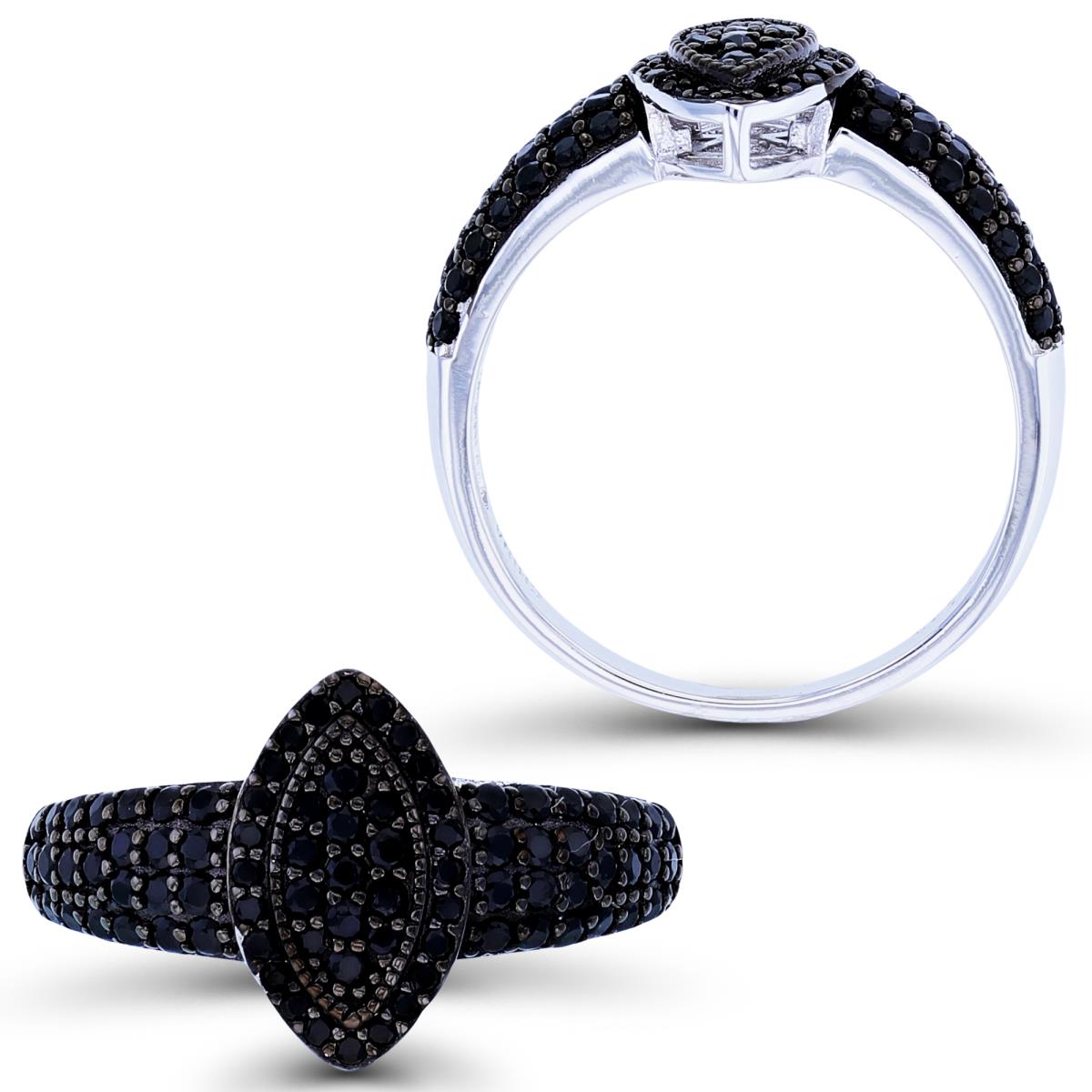 Sterling Silver Two-Tone Rnd Black Spinel Micropave MQ-shape Ring