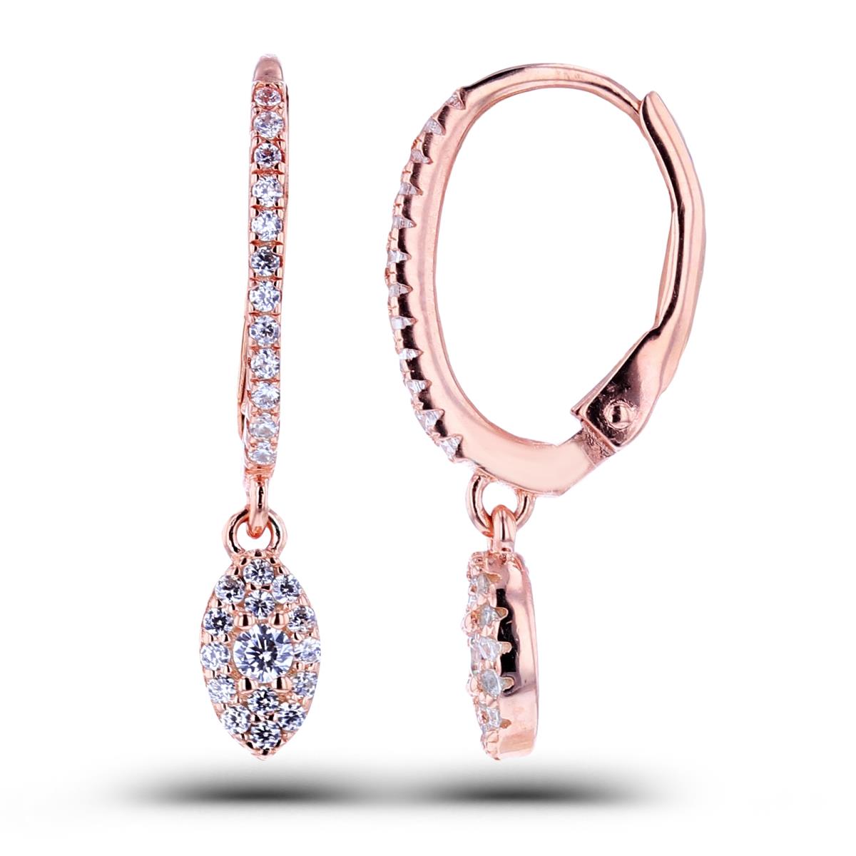 Sterling Silver +1Micron Rose Gold Rnd White CZ Pave MQ-Drop Dangling Earrings