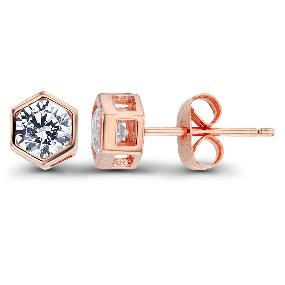 Sterling Silver+1Micron Rose Gold 5mm Rnd CZ Bezel Hexagon Studs