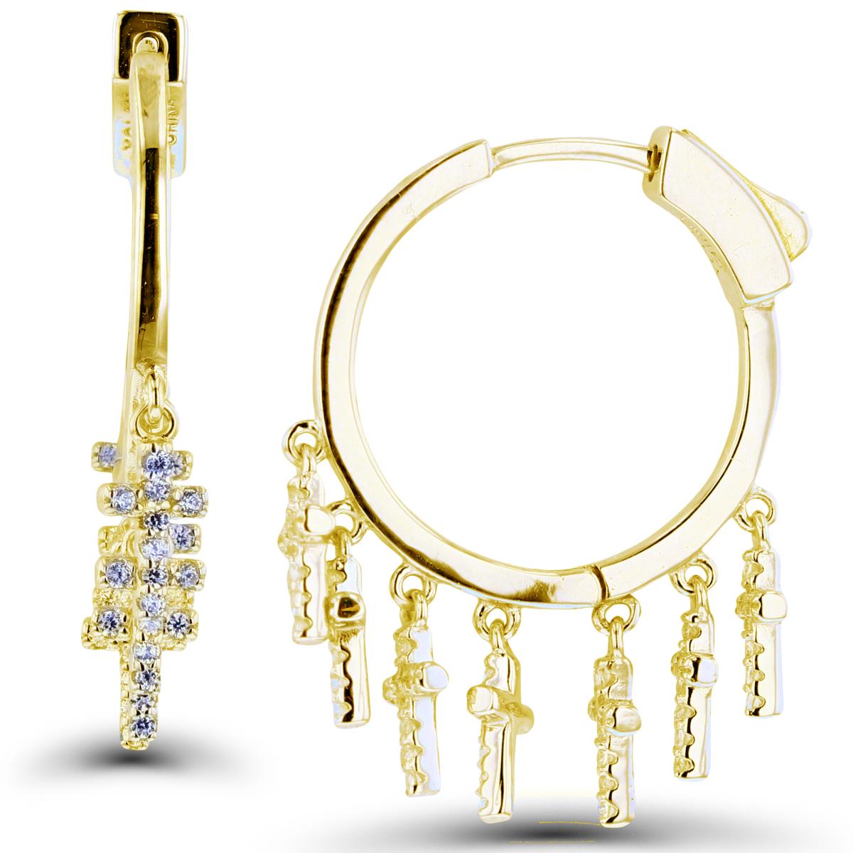 Sterling Silver+1Micron Yellow Gold Rnd CZ Multiple Crosses Dangling on Huggie Earrings
