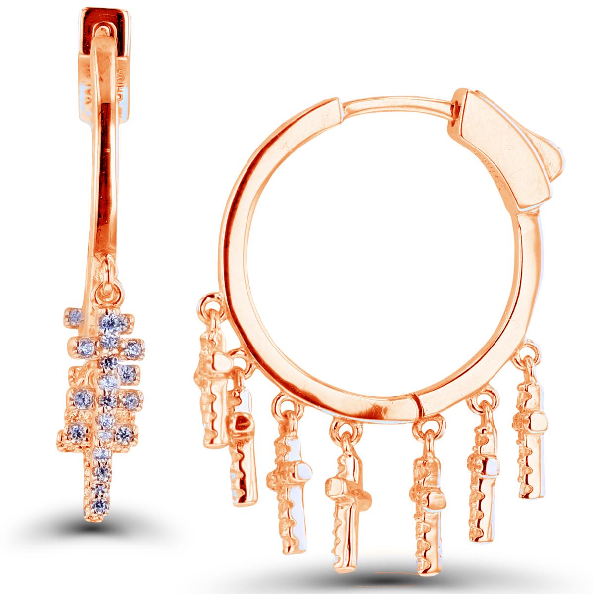Sterling Silver+1Micron Rose Gold Rnd CZ Multiple Crosses Dangling on Huggie Earrings