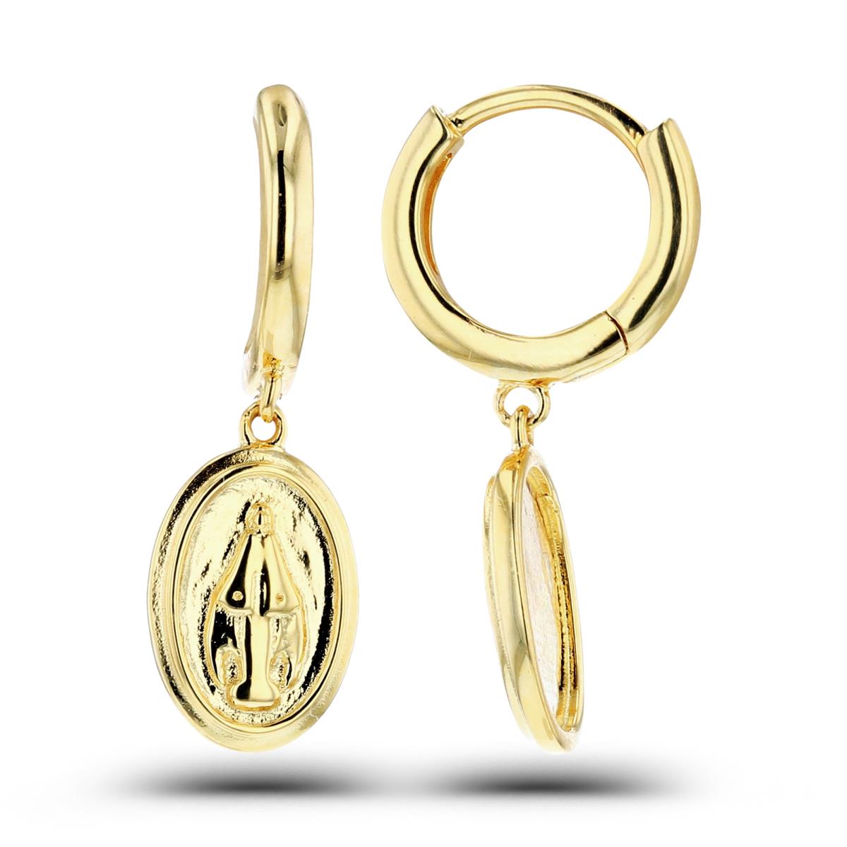 Sterling Silver +1Micron Yellow Gold Textured Virgin Mary Oval Dangling on Huggie Earrings