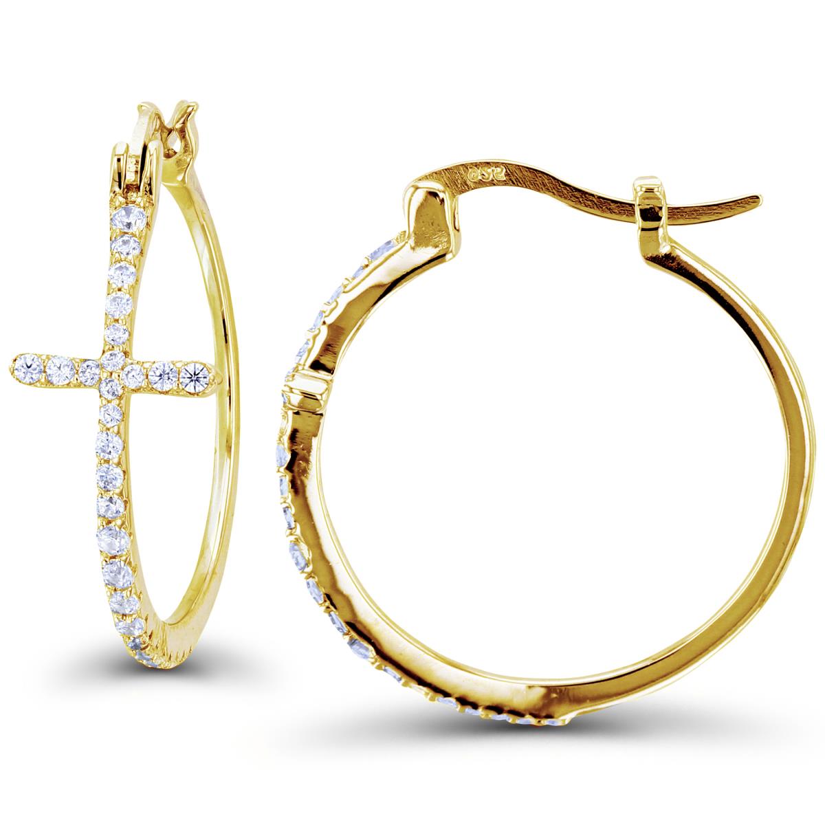 Sterling Silver +1Micron Yellow Gold Rnd White CZ Cross on Hoop Earrings