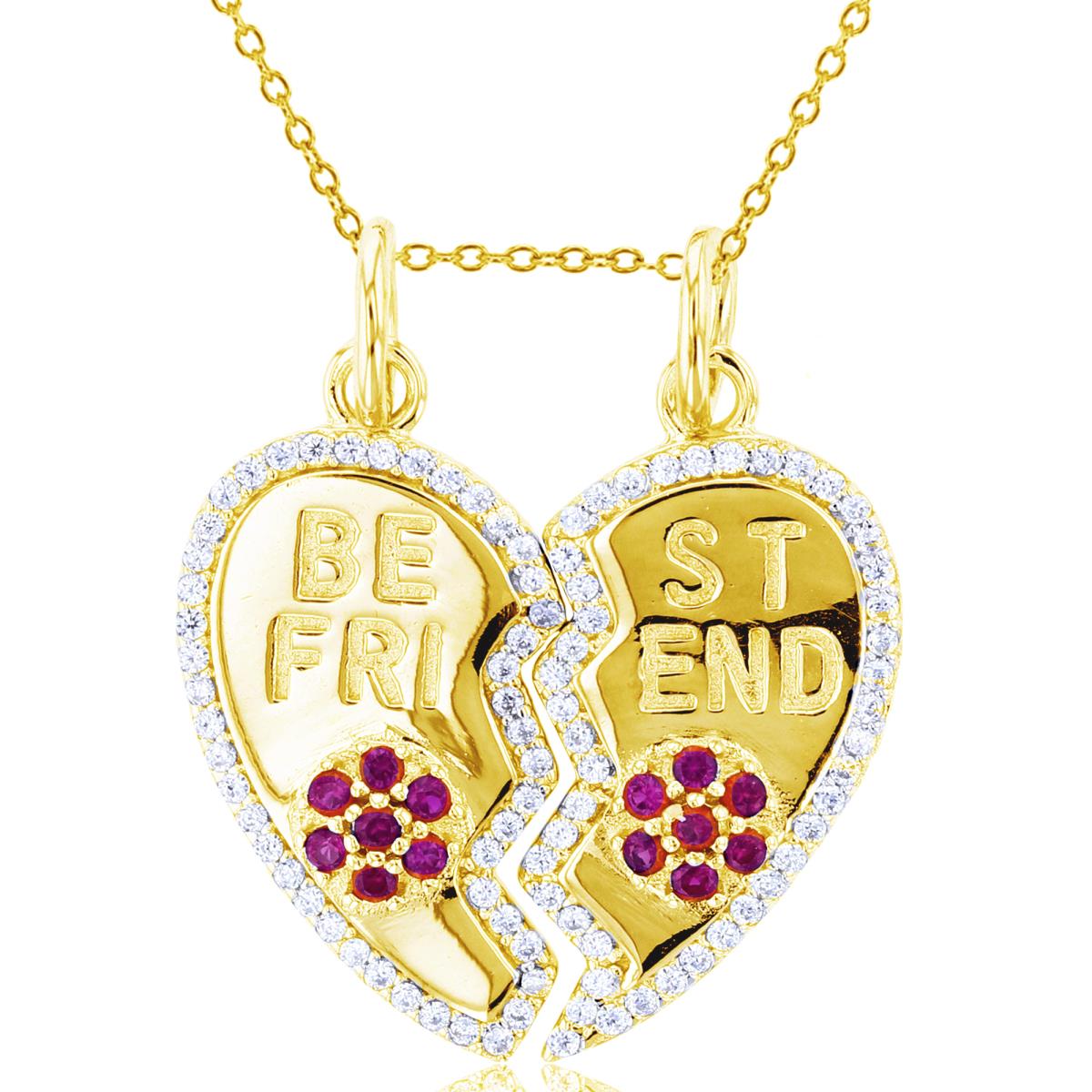Sterling Silver +1Micron Yellow Gold Rnd White & #8 Ruby CZ "Be Friend" Divided Heart 18"Necklace