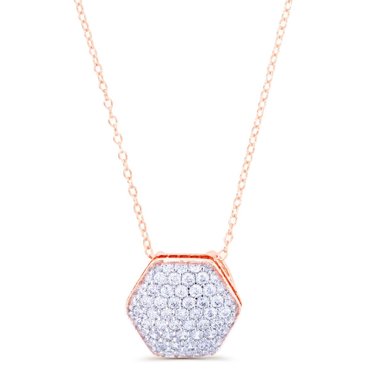 Sterling Silver +1Micron Rose Gold Rnd White CZ Pave Pufy Hexagon 18+2"Necklace