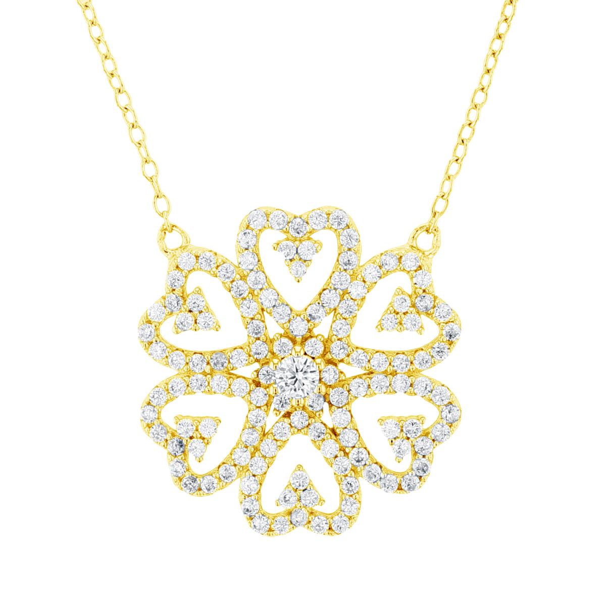 Sterling Silver +1Micron Yellow Gold Rnd White CZ Flower 18"Necklace