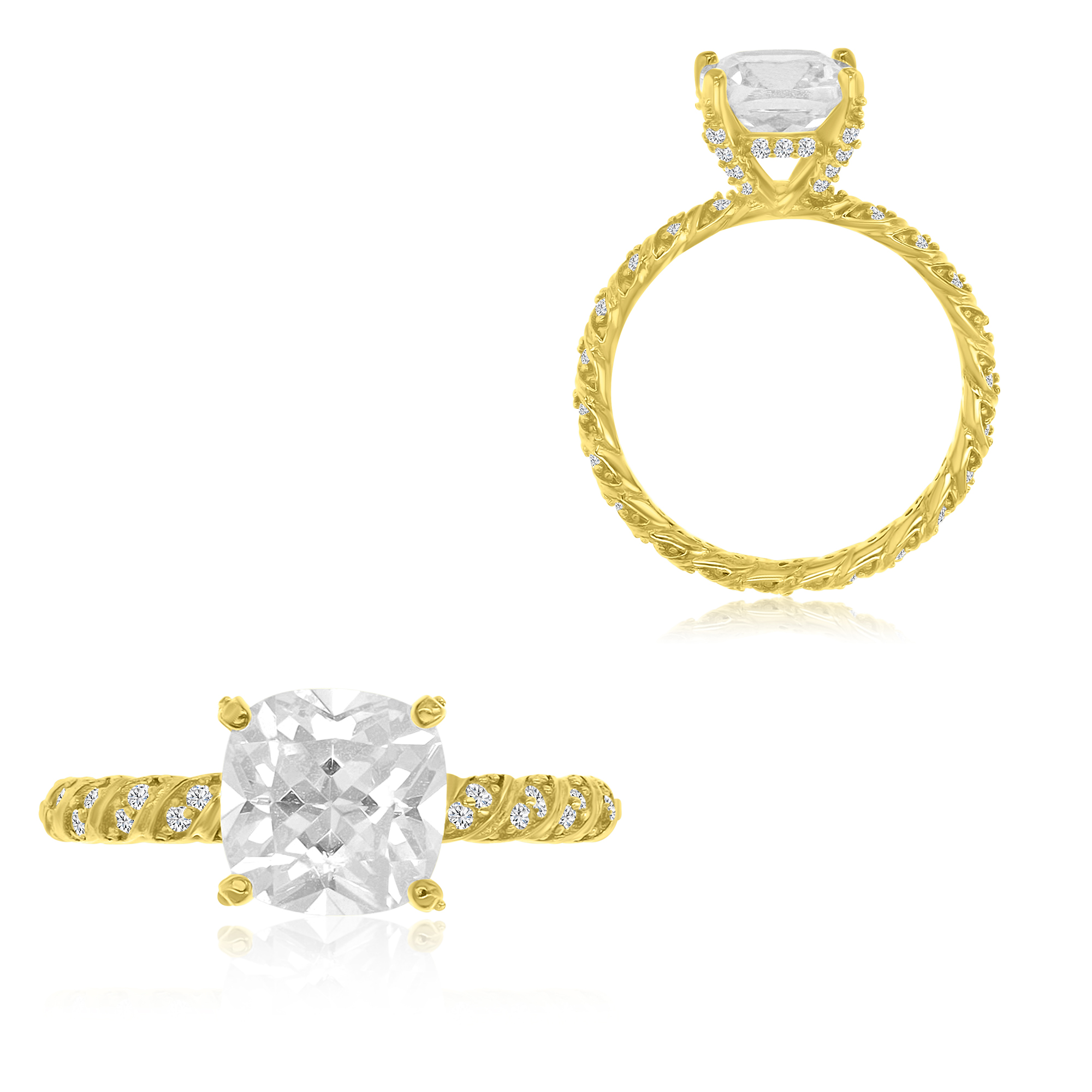 Sterling Silver +1Micron Yellow Gold 8mm Cushion Center & Rnd White CZ Anniversary Twist Ring