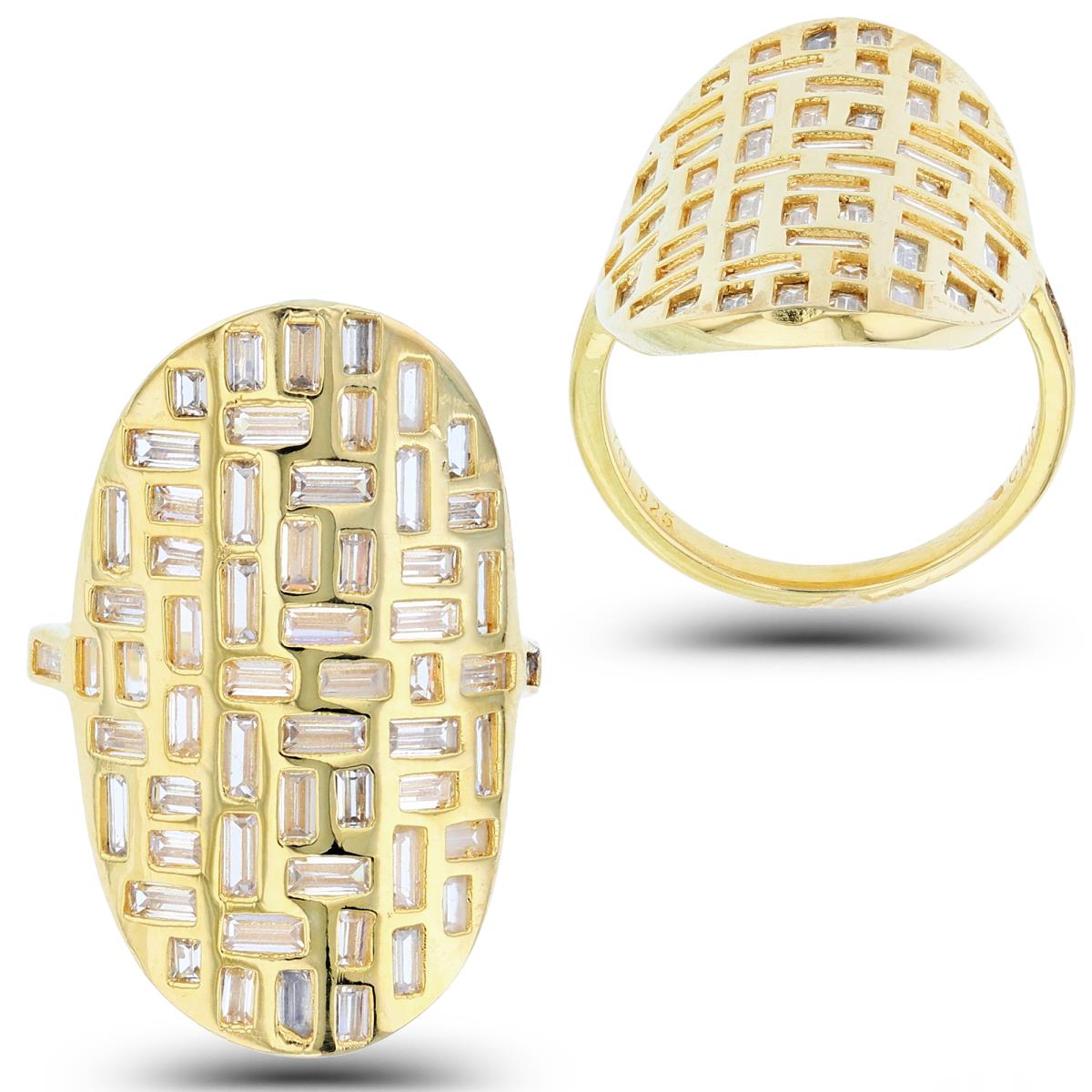 Sterling Silver +1Micron Yellow Gold SB White CZ Bezel Basket Ornament Oval Ring