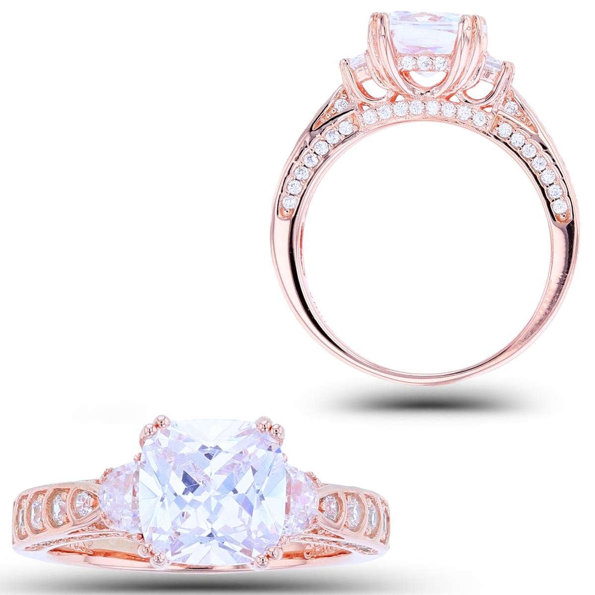 Sterling Silver +1Micron Rose Gold 8mm Cush & 4x2.5mm Crescent / Rnd White CZ on Side Engagement Ring