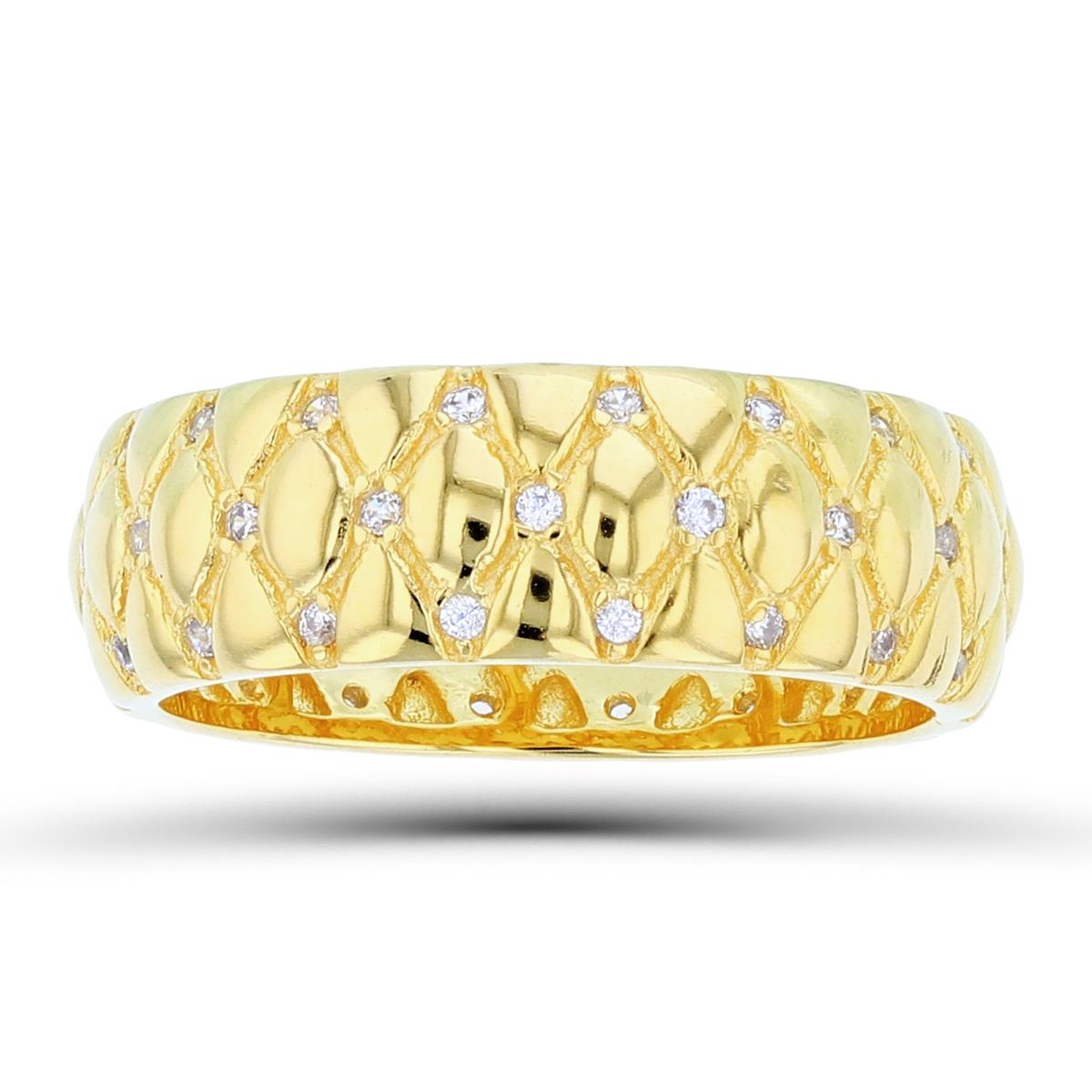 Sterling Silver +1Micron Yellow Gold Rnd White CZ High Polish Rhombs Textured Band