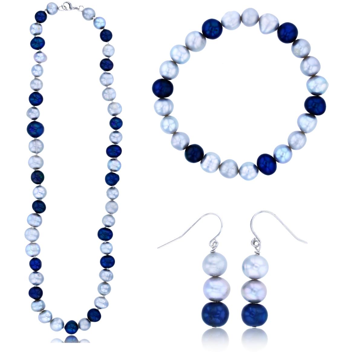 Alternate Gray & Blue 8-9mm Potato FWP Earrings/20"Necklace & Stretch Bracelet Set 
