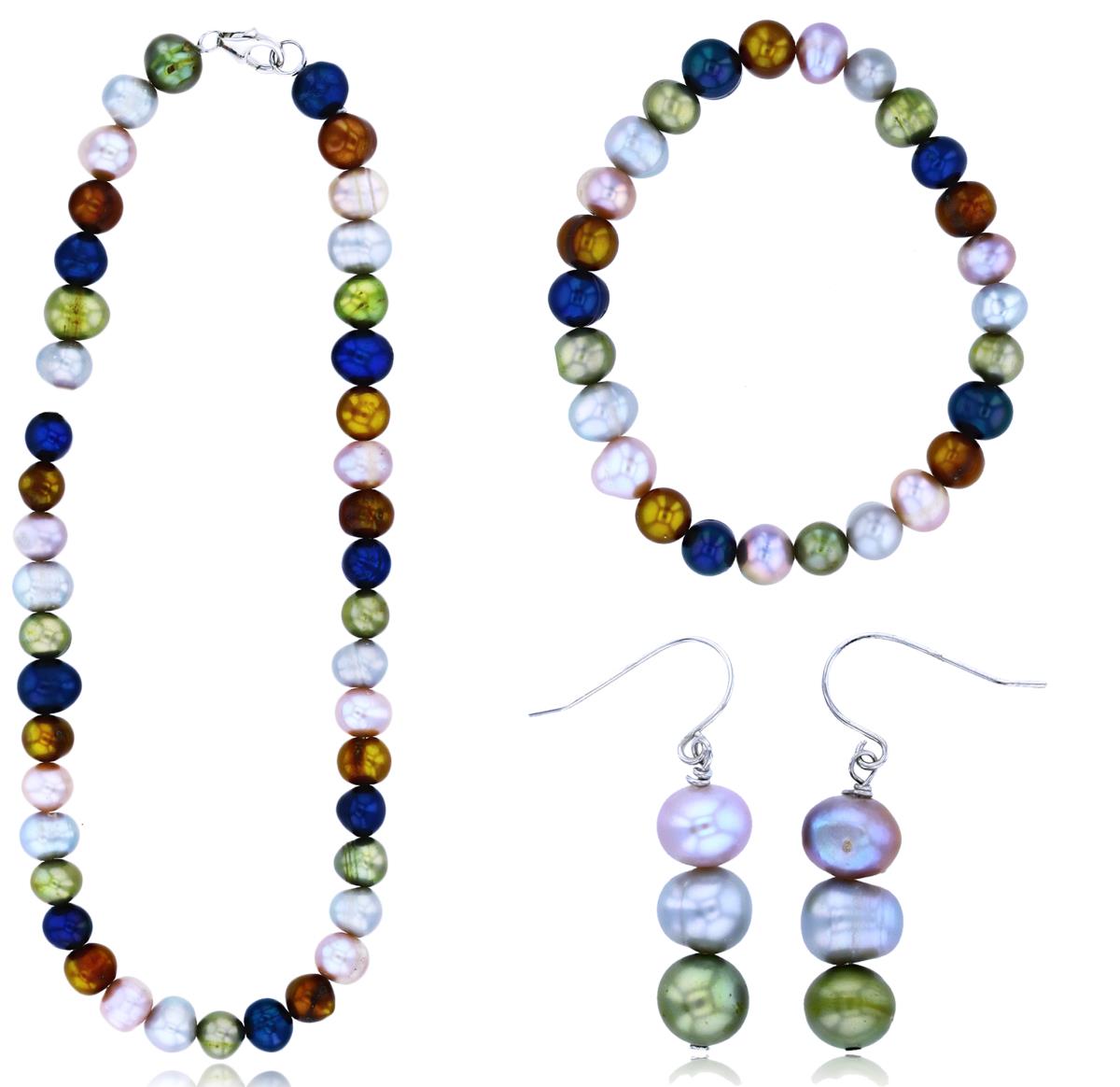 Multicolor 8-9mm Potato FWP Earrings/20"Necklace & Stretch Bracelet Set 