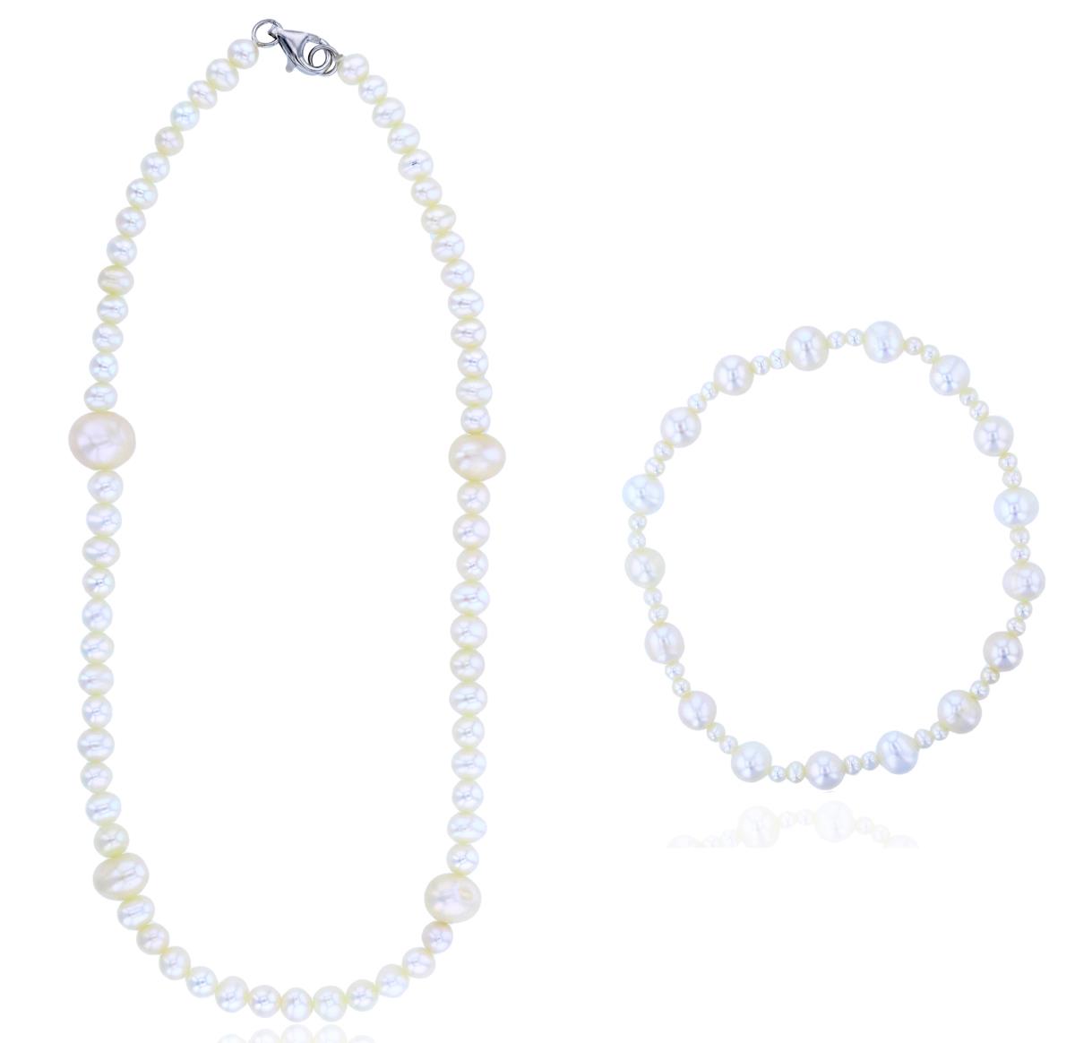 Alternate Dyed Potato Fresh Water Pearl Stretch Bracelet & 20"Necklace Set 