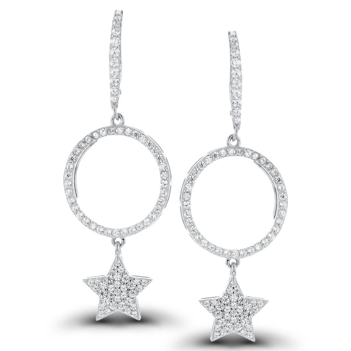 Sterling Silver Rhodium Rnd White CZ Open Circle & Pave Star Dangling Earrings