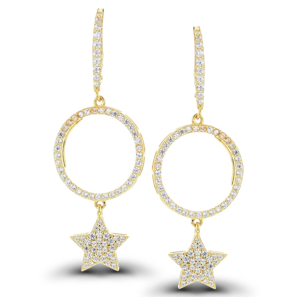Sterling Silver Yellow Rnd White CZ Open Circle & Pave Star Dangling Earrings