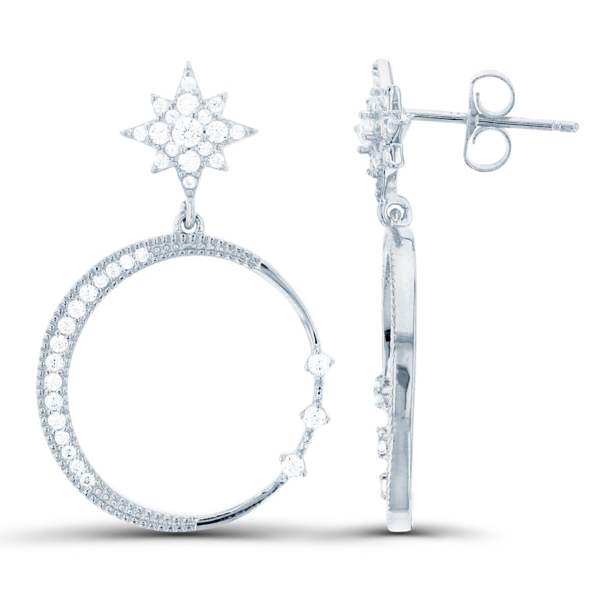 Sterling Silver Rhodium Rnd White CZ Star & Moon Milgrain Dangling Earrings 