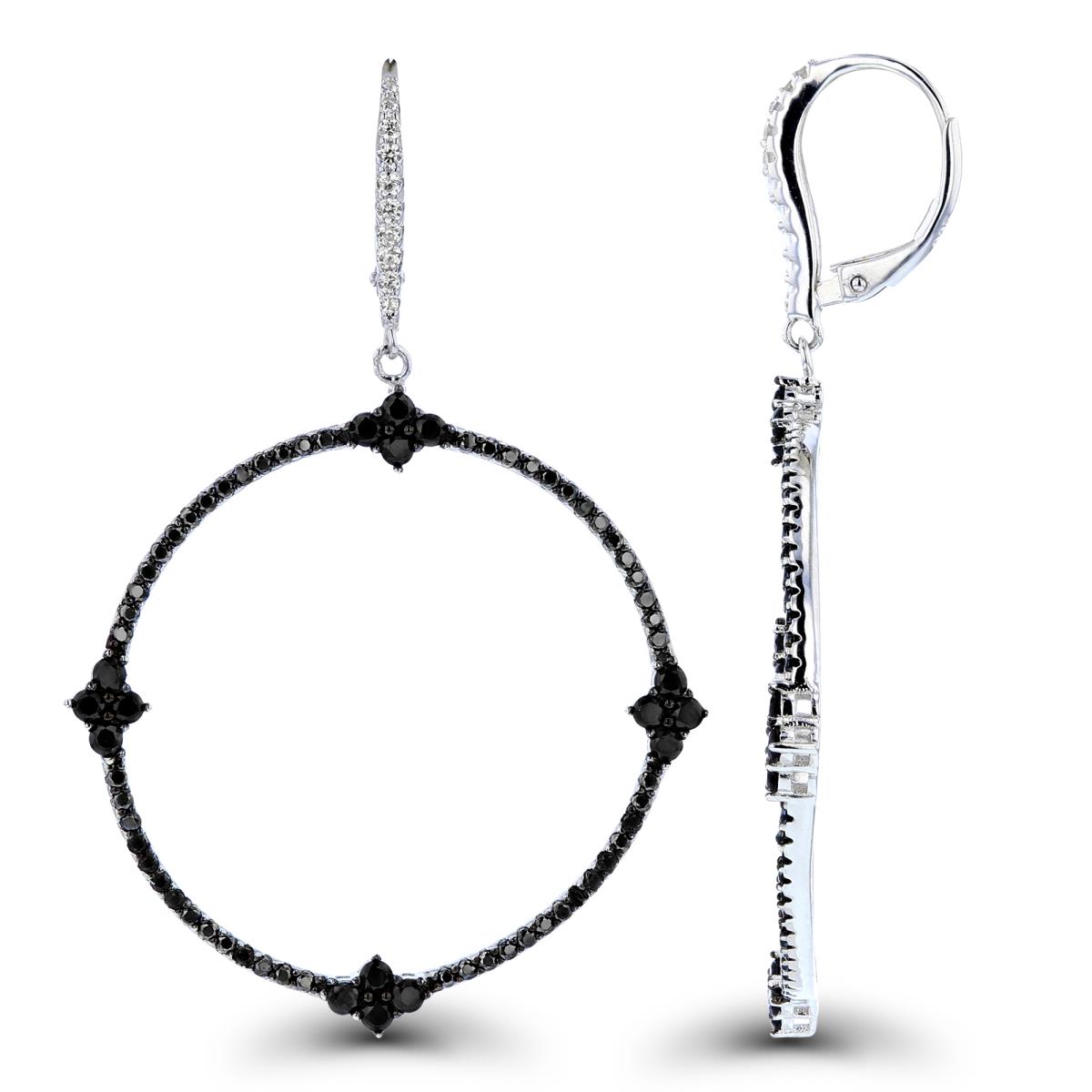 Sterling Silver Two-Tone (W/B) Rnd Black Spinel & White CZ Open Circle Dangling Earrings
