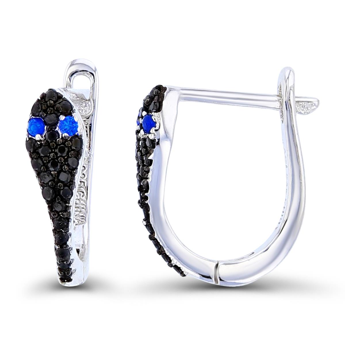 Sterling Silver Two-Tone (W/B) Rnd Black Spinel & #113 Blue Spinel Snake Earrings