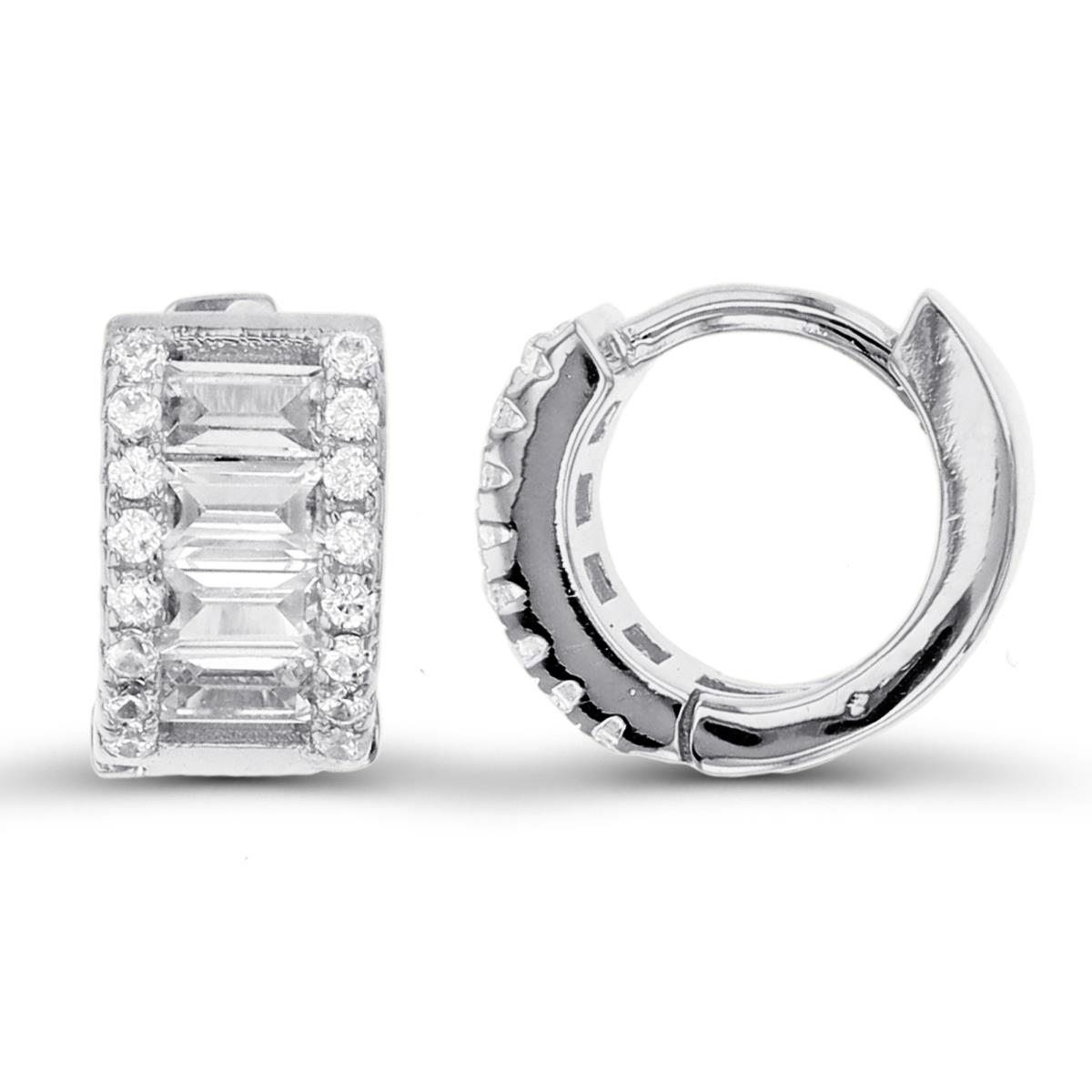 Sterling Silver Rh 3.5x2mm SB White CZ Center Row & Rnd White CZ on Side 10x5.5mm Huggie Earrings