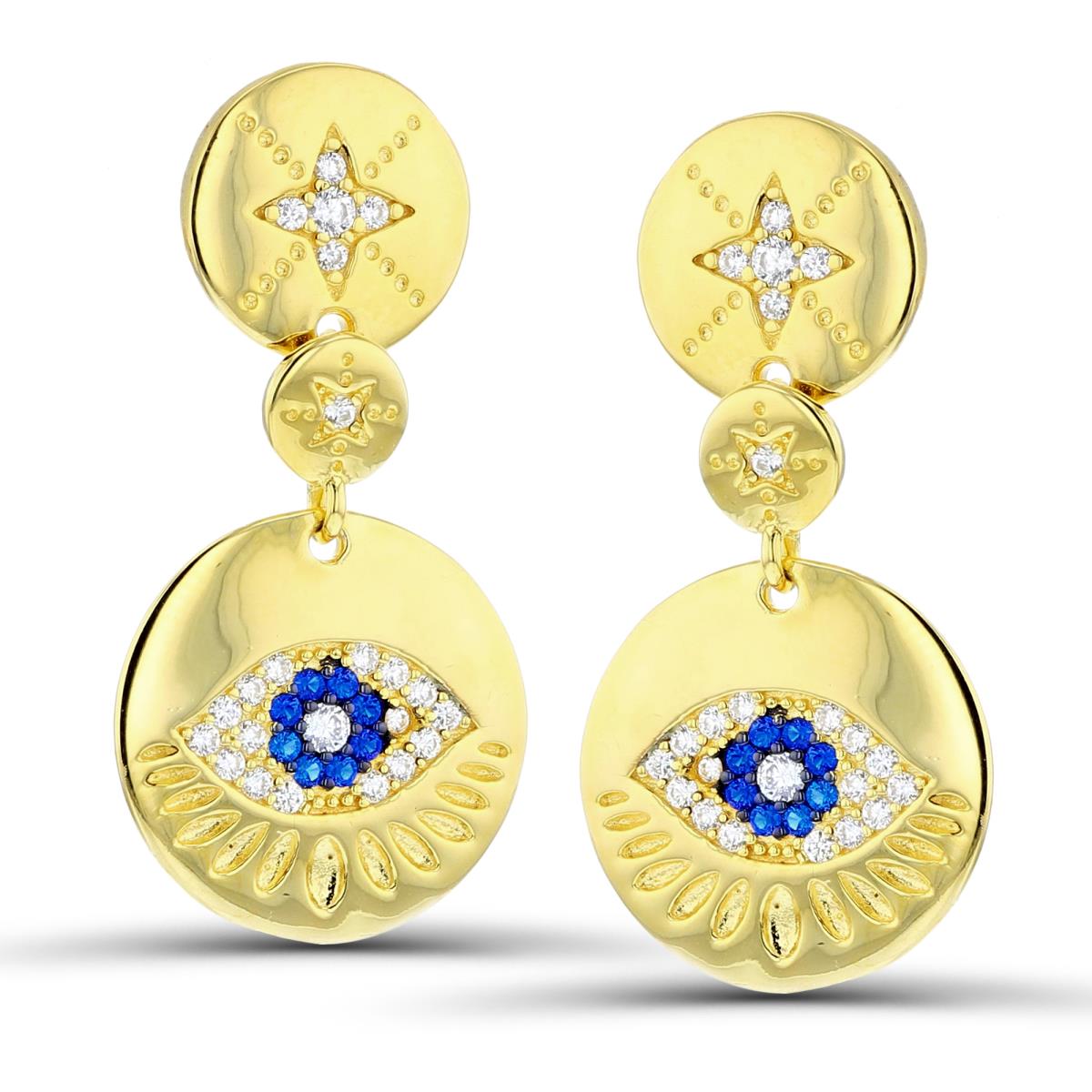 Sterling Silver Yellow Rnd #113 Blue Spinel & Rnd White CZ Textured Evil Eye Circles Earrings