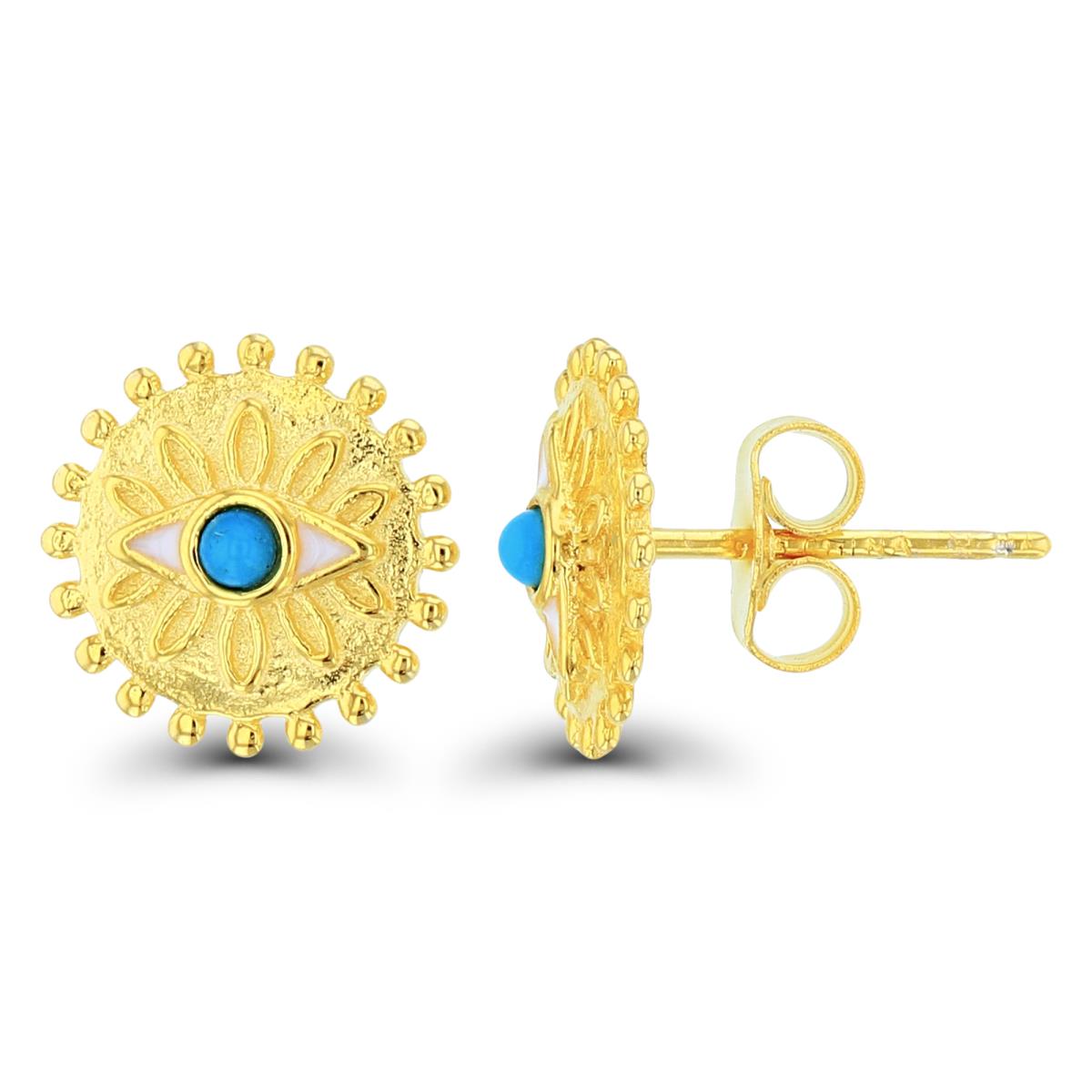 Sterling Silver Yellow 2mm Rnd Nano Turquoise/White Enamel Evil Eye on Textured Circle Studs