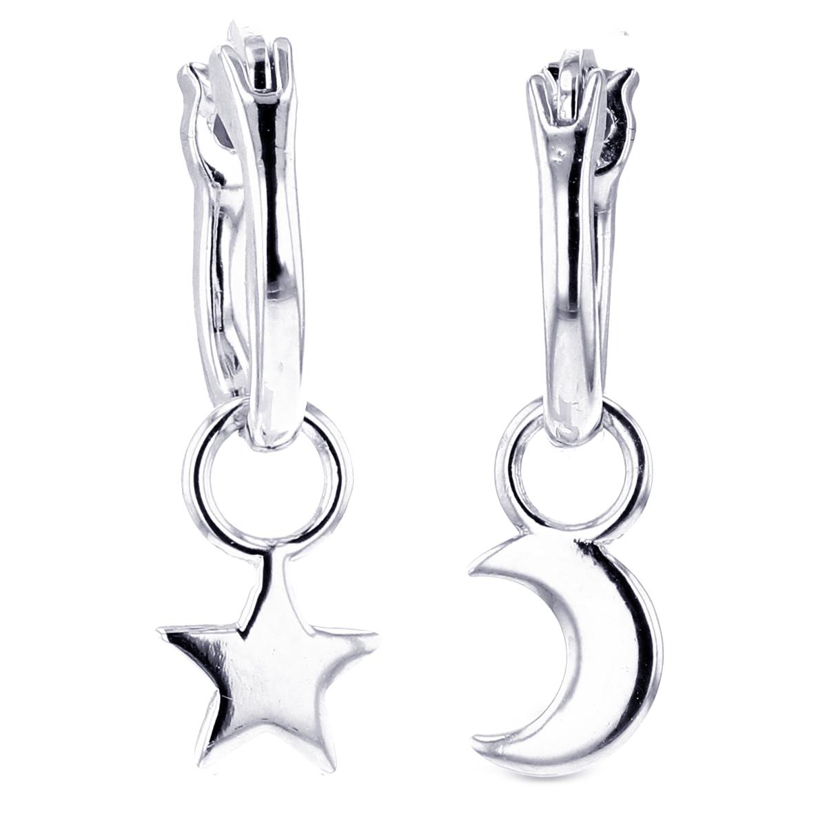Sterling Silver Rhodium High Polish Moon & Star Charms Dangling on 11.5x1.4mm Huggie Earrings