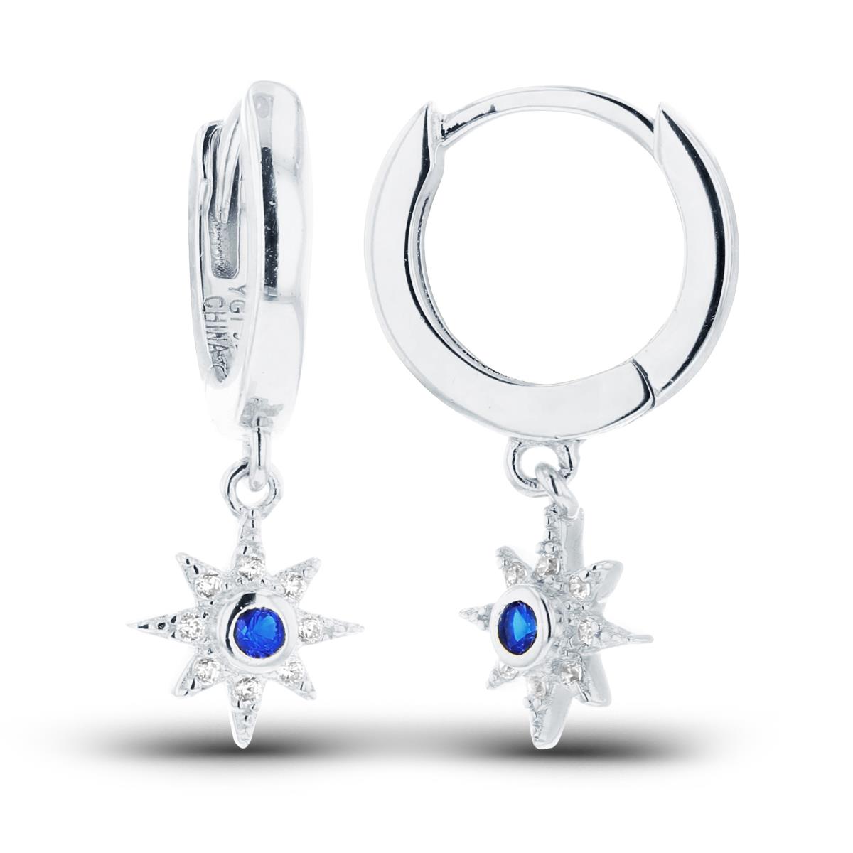 Sterling Silver Rhodium Rnd #113 Blue Spinel Bezel & White CZ Star Dangling on 12x2mm Huggie Earrings