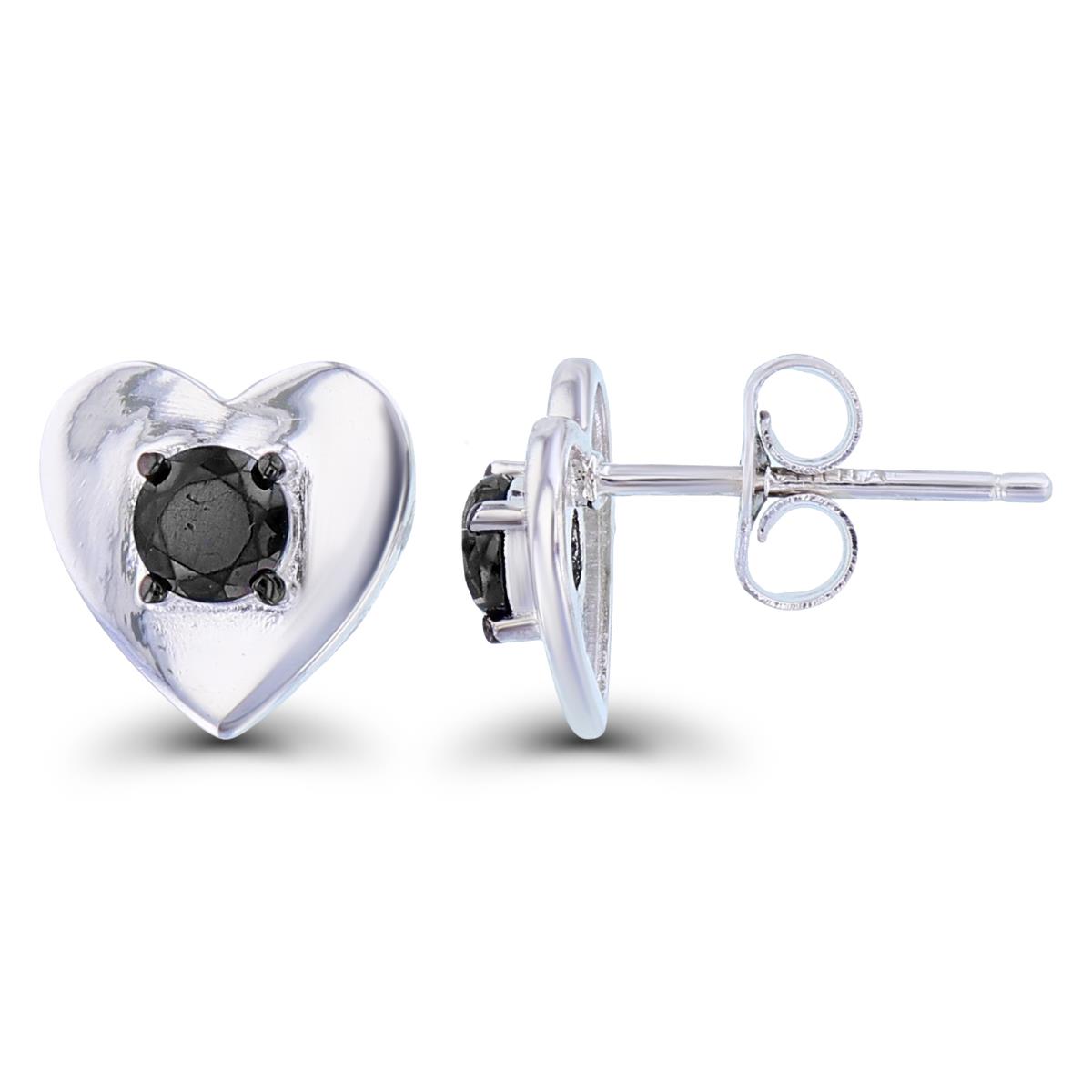 Sterling Silver Two-Tone Single 4mm Rnd Black Spinel High Polish Flat Heart Studs