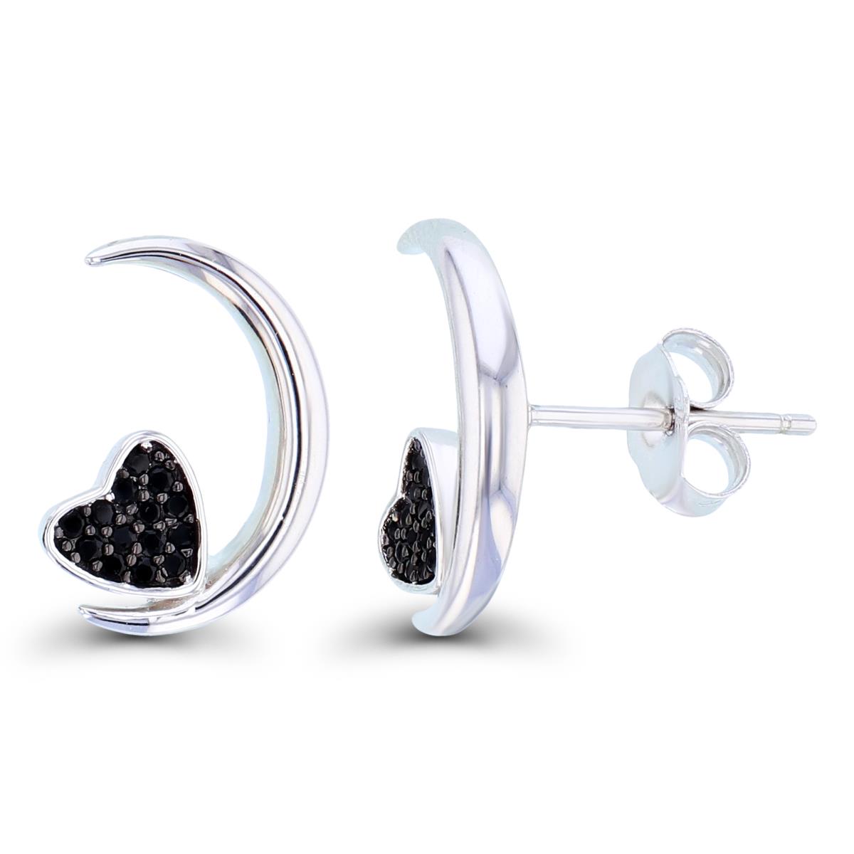 Sterling Silver Two-Tone Pave Rnd Black Spinel Heart & High Polish Moon Studs