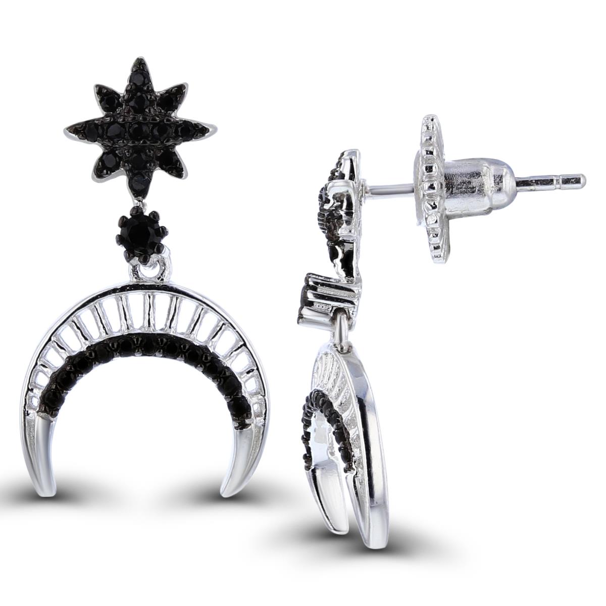 Sterling Silver Two-Tone Rnd Black Spinel Star/Moon Dangling Earrings with Textured Rnd Screw Backs