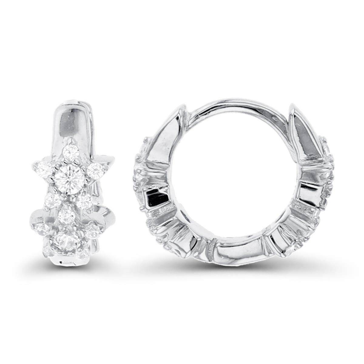 Sterling Silver Rhodium Double Rnd White CZ Stars on Back/Front Huggie Earrings
