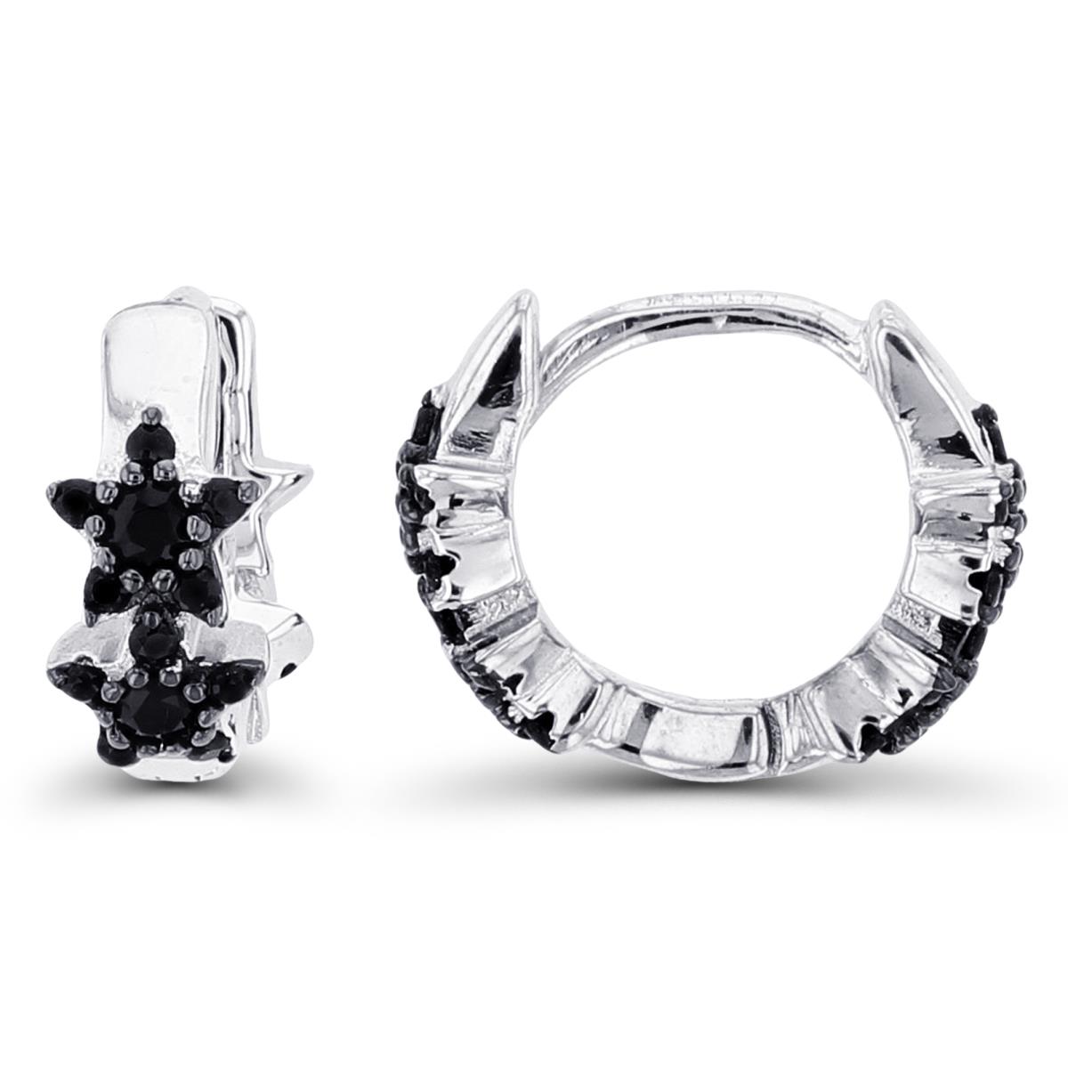 Sterling Silver Two-Tone Double Rnd Black Spinel Stars on Back/Front Huggie Earrings
