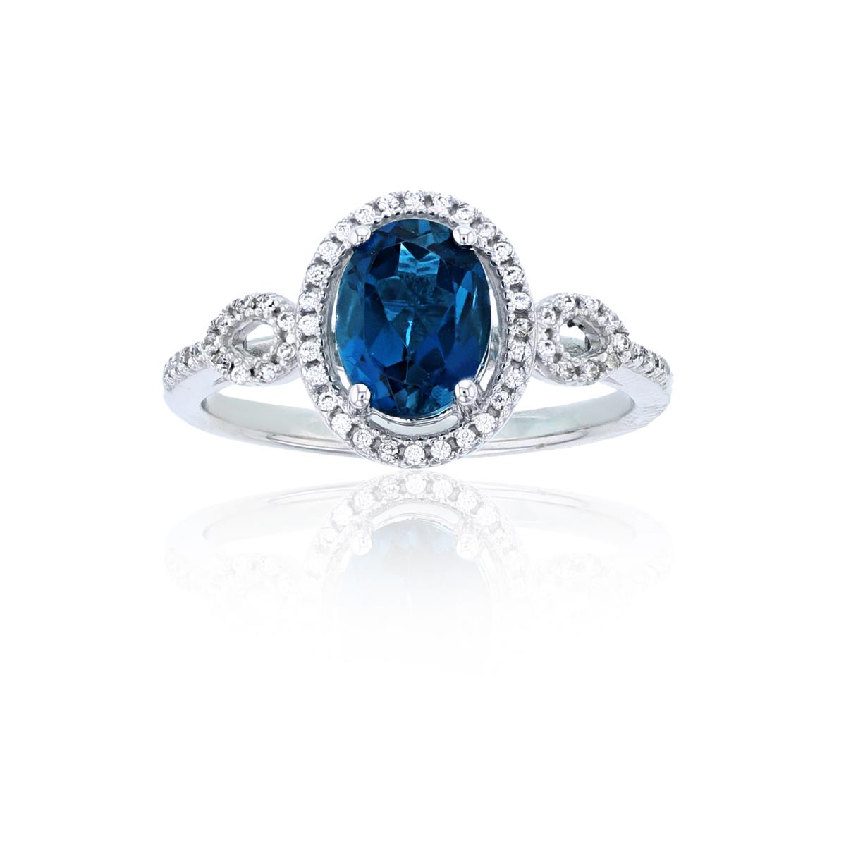 14K White Gold 0.174cttw Rnd Diamonds & 8x6mm Ov London Blue Topaz Halo Ring