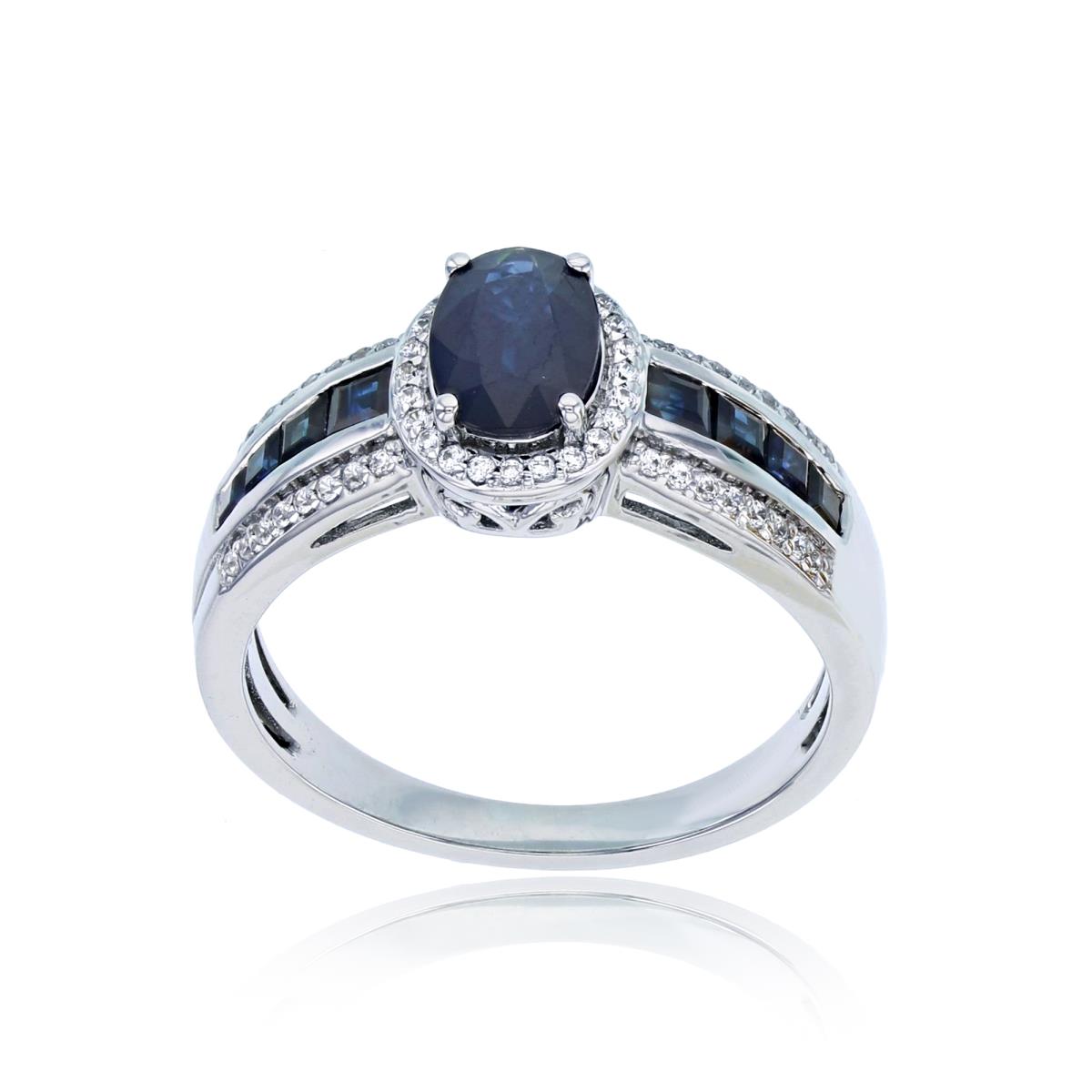 14K White Gold 0.16cttw Rnd Diamonds & 7x5mm Ov Blue Sapphire Center/Square Channel Blue Sapphire Halo Ring