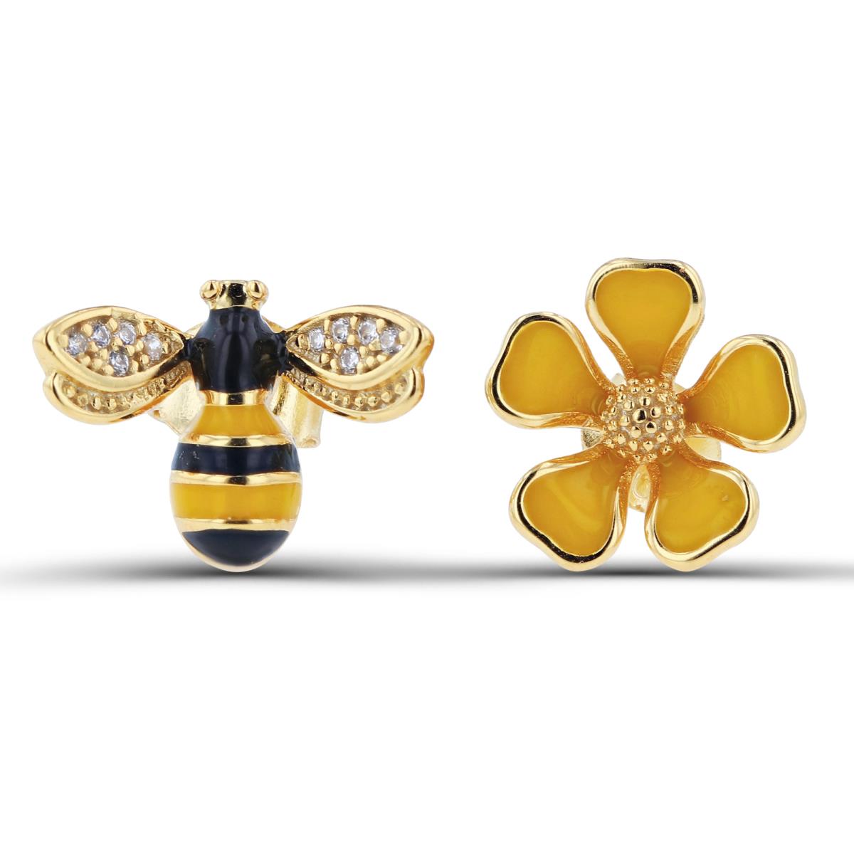 Sterling Silver Yellow  16x9mm CZ & Yellow/Black Enamel Bee & Flower Stud Earring