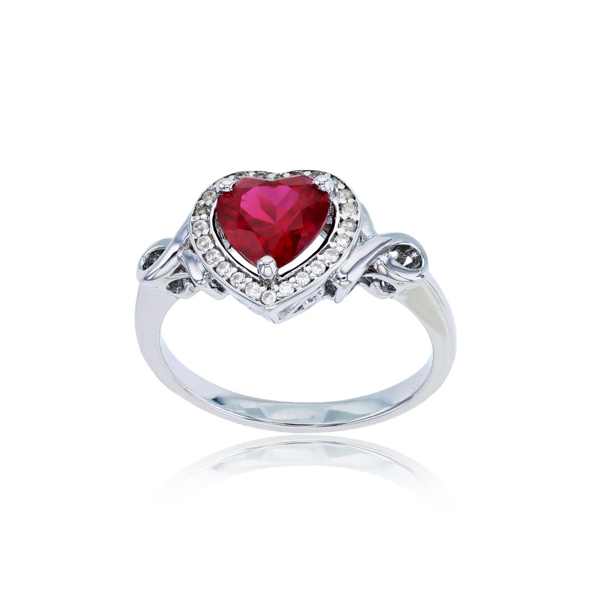 Sterling Silver Rhodium 7mm Hs Created Ruby & Rnd Created White Sapphire Heart Shape  Ring