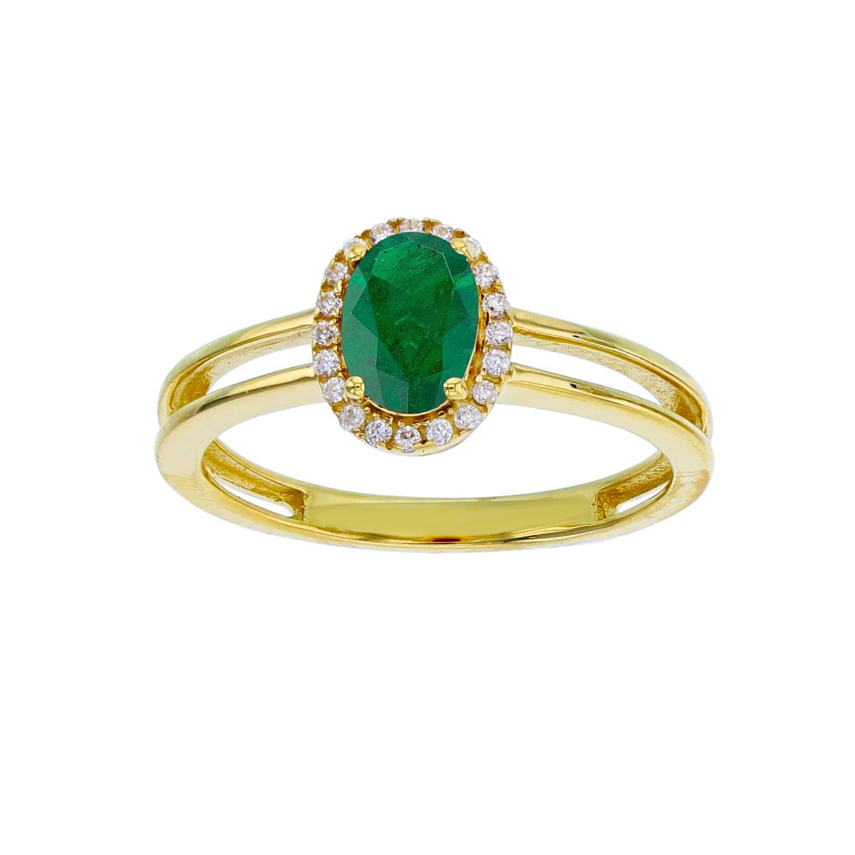 14K Yellow Gold 0.10cttw Rnd Diamonds & 7x5mm Ov Emerald Halo Ring