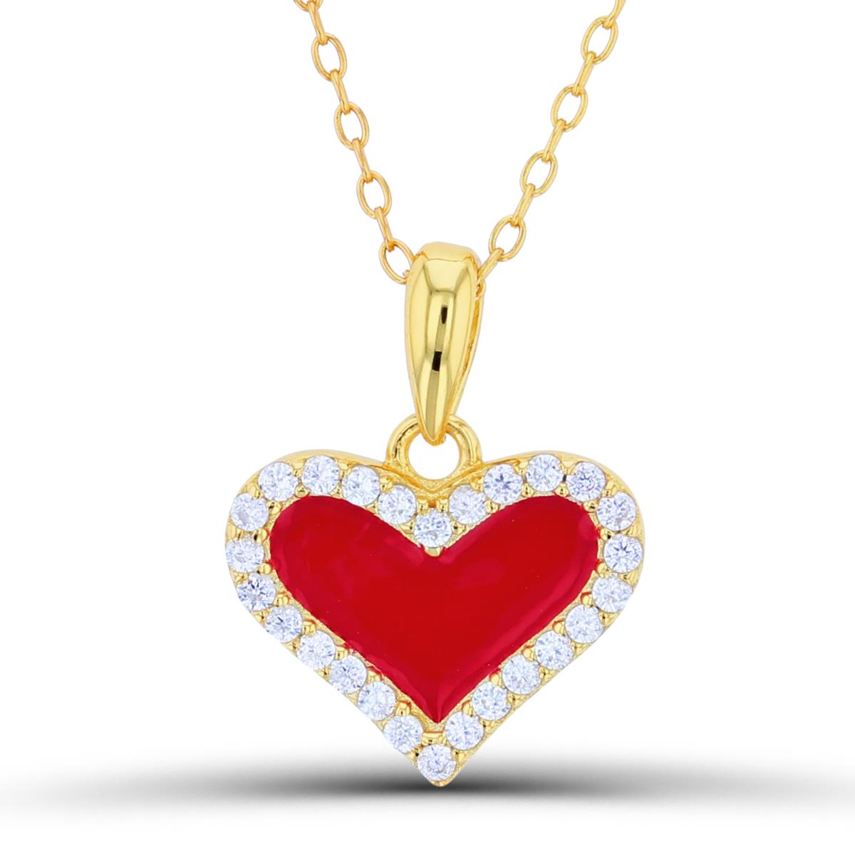 Sterling Silver Yellow Red  18x14mm Enamel & CZ Heart 16"+2" Necklace