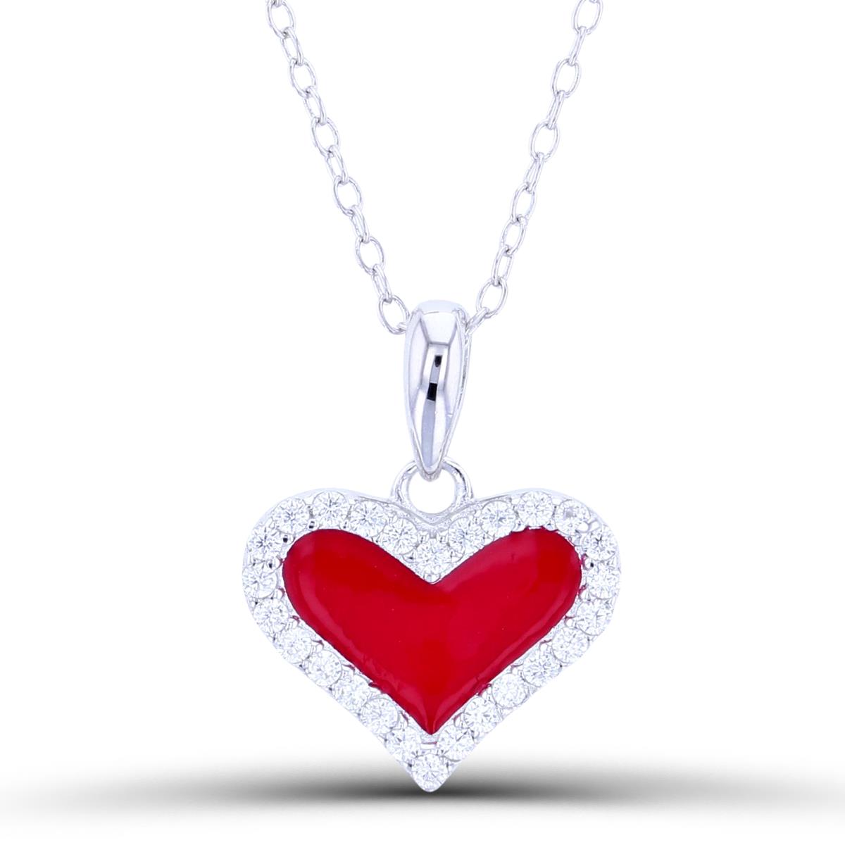 Sterling Silver Rhodium Red 18x14mm  Enamel & CZ Heart 16"+2" Necklace