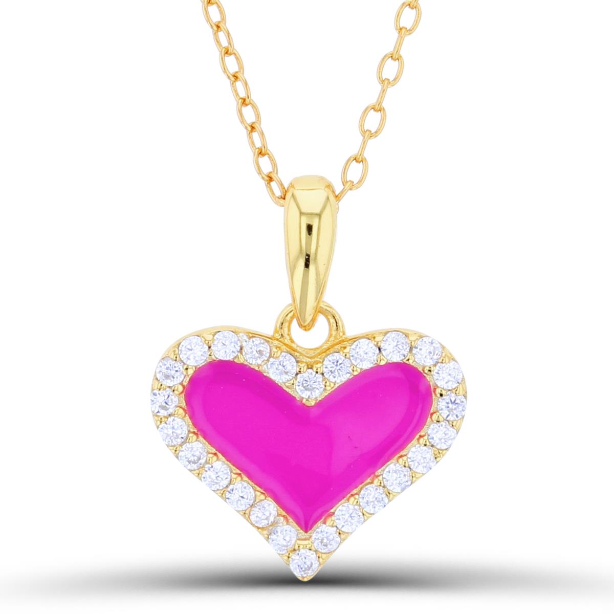 Sterling Silver Yellow Pink  18x14mm Enamel & CZ Heart 16"+2" Necklace
