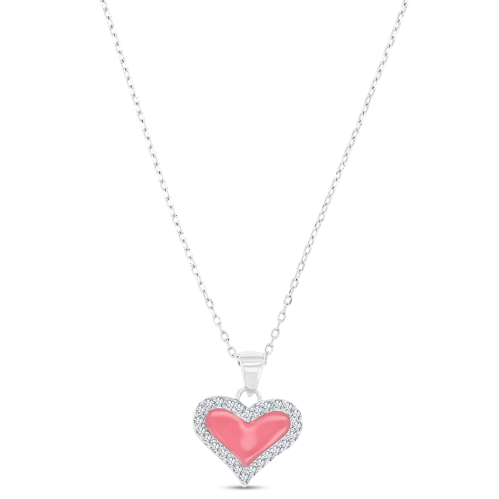 Sterling Silver Rhodium 18x14mm  Pink Enamel & CZ Heart 16"+2" Necklace