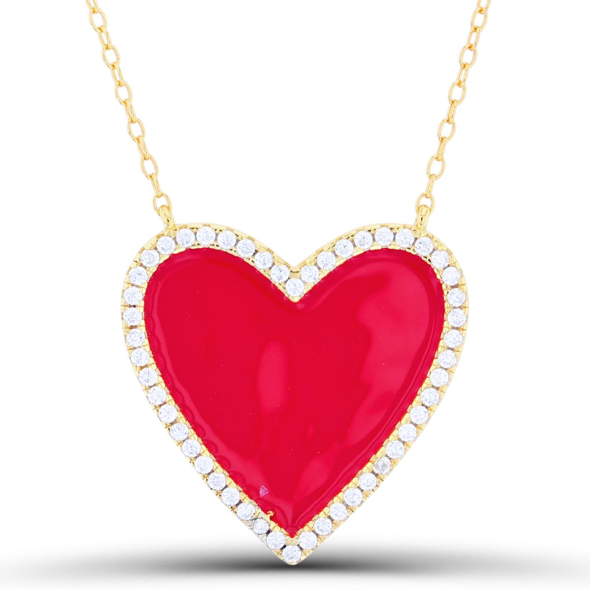 Sterling Silver Yellow 22x21mm CZ & Red Enamel Heart 16"+2" Necklace
