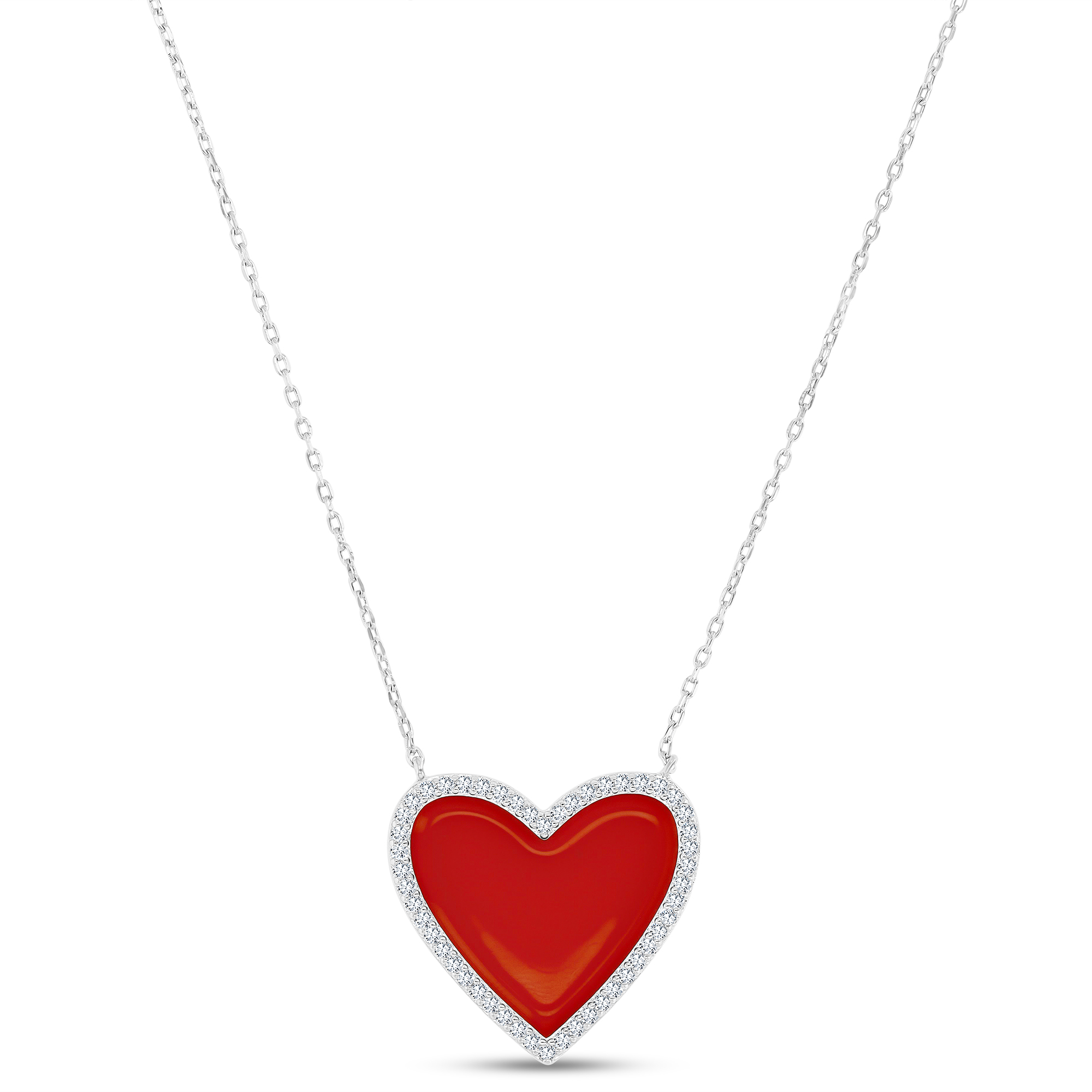 Sterling Silver Rhodium 22x21mm CZ & Red Enamel Heart 16"+2" Necklace