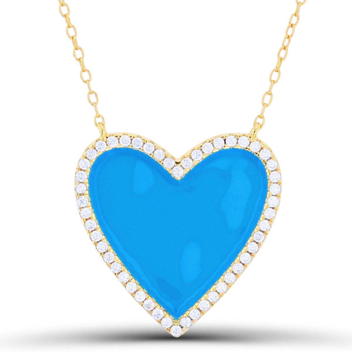 Sterling Silver Yellow 22x21mm  CZ & Turquoise Enamel Heart 16"+2" Necklace