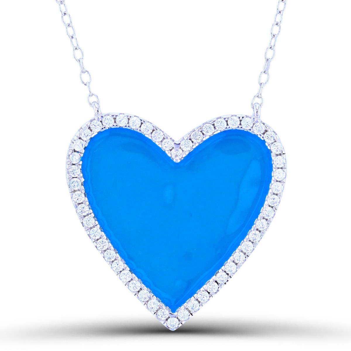 Sterling Silver Rhodium 22x21mm CZ & Turquoise Enamel Heart 16"+2" Necklace
