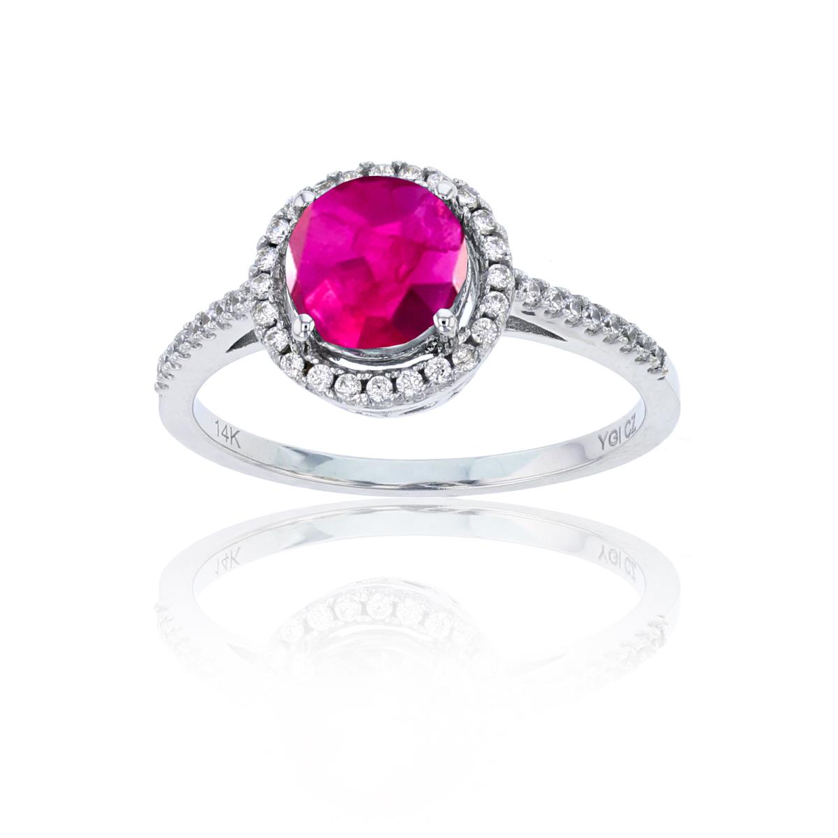 14K White Gold 0.20cttw Rnd Diamonds & 7mm Rnd Created Ruby Halo Ring